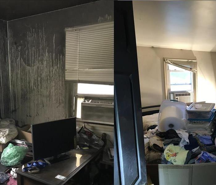 fire damage on wall and second photo of minimal fire damage in room